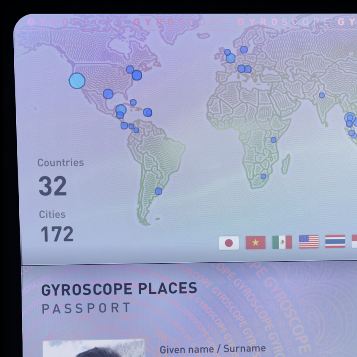 The Gyroscope Places passport card with a world map of visited cities, 32 countries, 172 cities and a row of flags