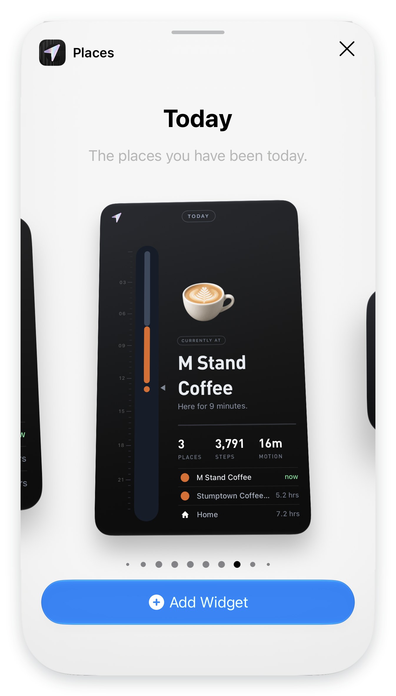 The Today widget in extra large in the widget gallery: a timeline of the day on the left, M Stand Coffee as the current place, and today's places below.