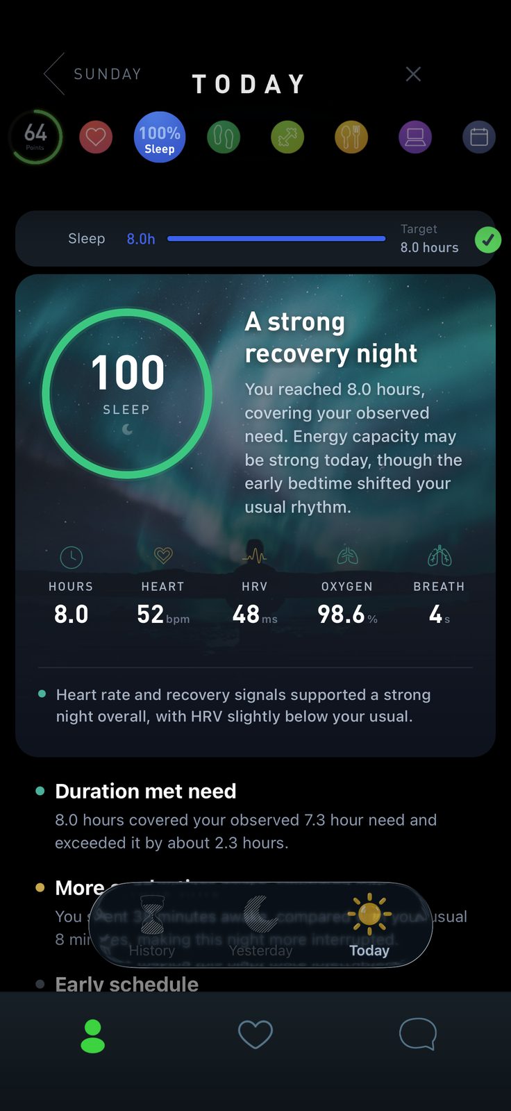 A 100 Sleep Score with heart rate, HRV, oxygen and breathing tiles and a nightly summary