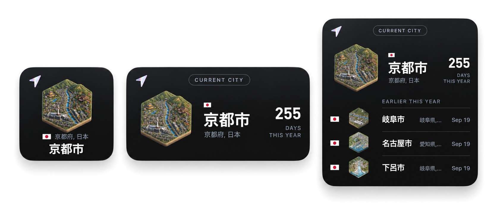 The City widget in small, medium and large, showing Kyoto.