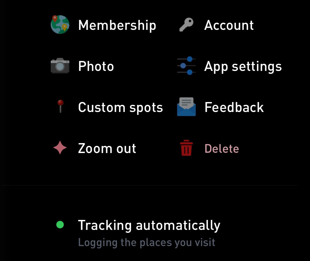 The Gyroscope Places account menu. Callout 1 circles the Tracking automatically row with its green dot, below the main menu options.