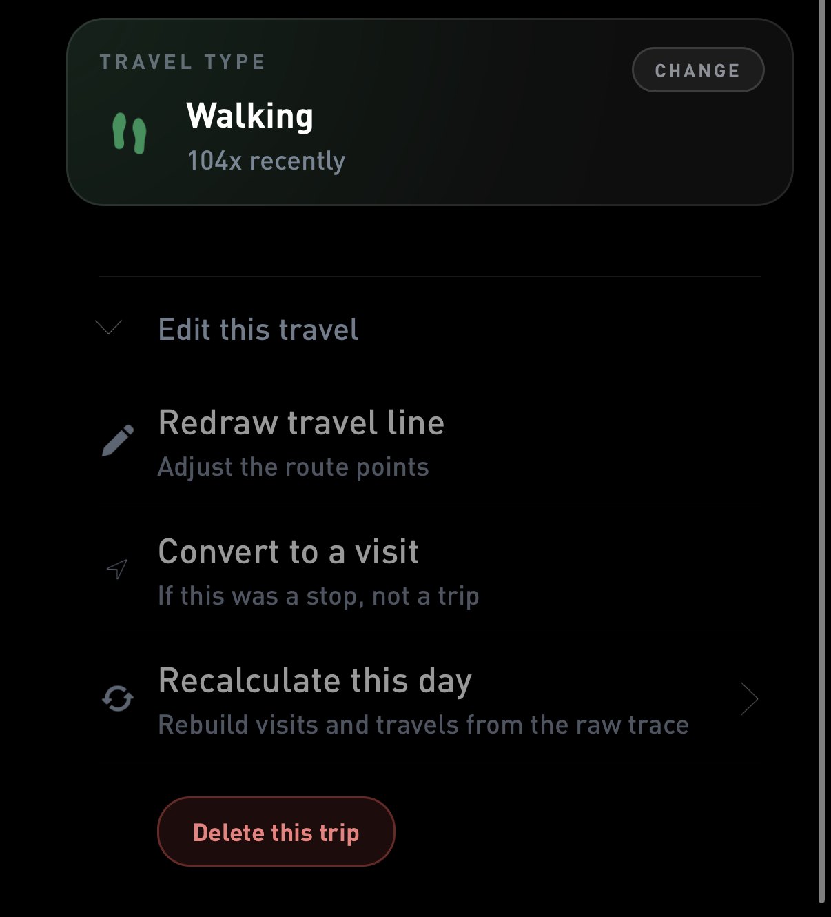 A walking trip with Edit this travel open. Callout 1 circles Edit this travel, callout 2 circles Recalculate this day.