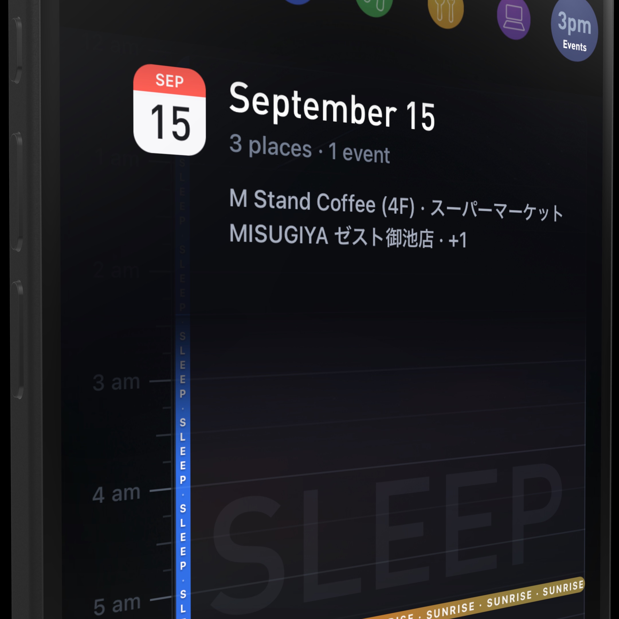 Places day timeline: September 15 in Kyoto with the overnight sleep band