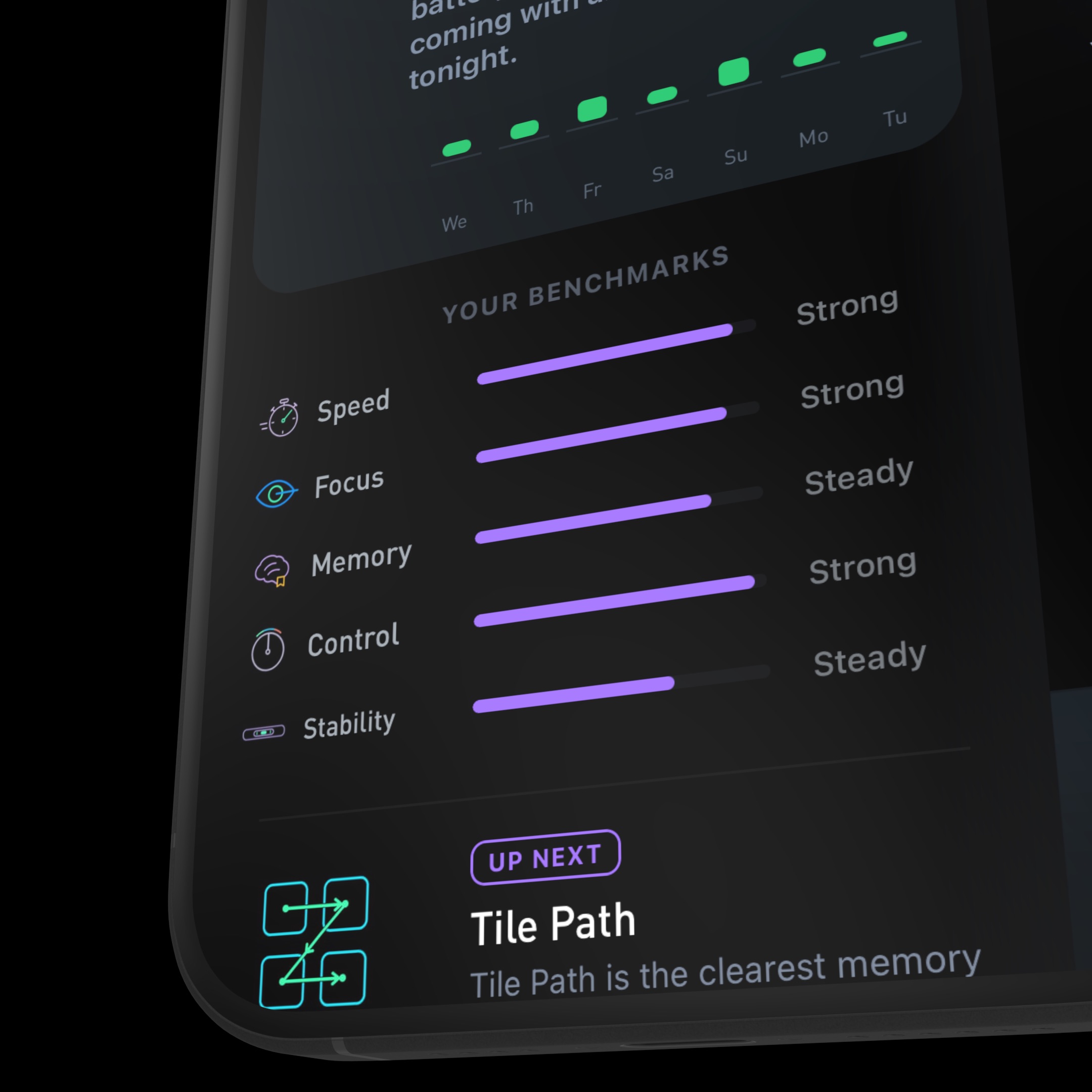 Mind benchmarks: speed, focus, memory, control, stability, with Tile Path up next