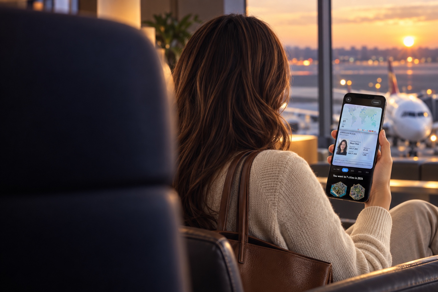 A traveler in an airport lounge at sunset, holding a phone that shows her Places passport