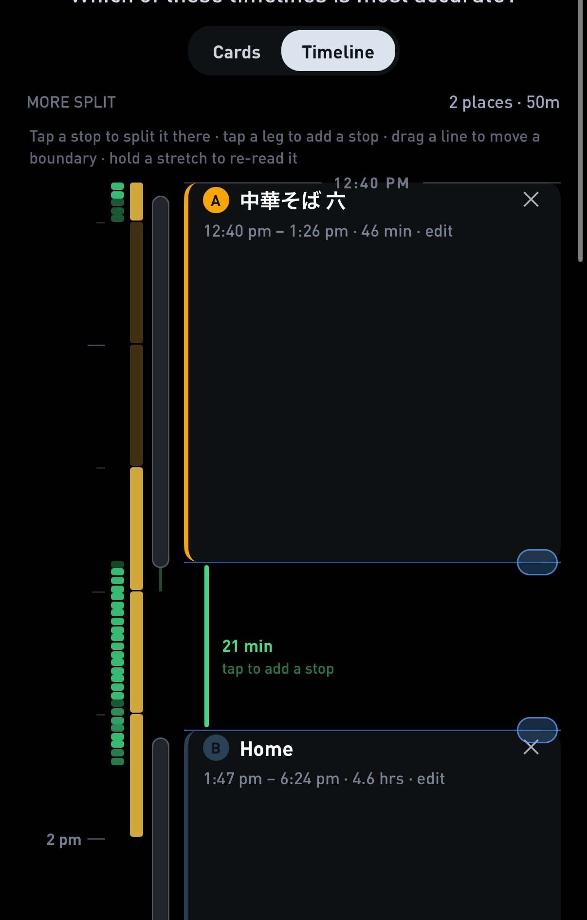 Step 2 in Timeline view. Callout 1 circles the Timeline switch, callout 2 circles a blue handle at the end of a stop.