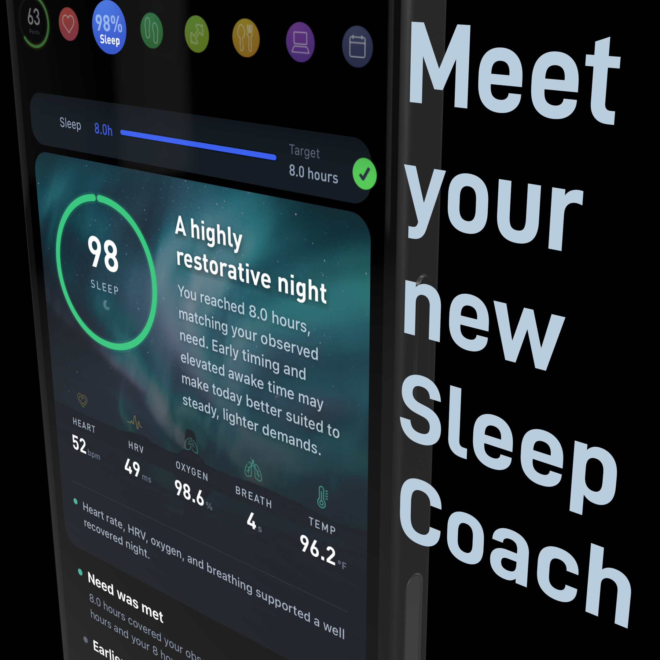 Meet your new Sleep Coach: the sleep report with a score of 98 and a highly restorative night