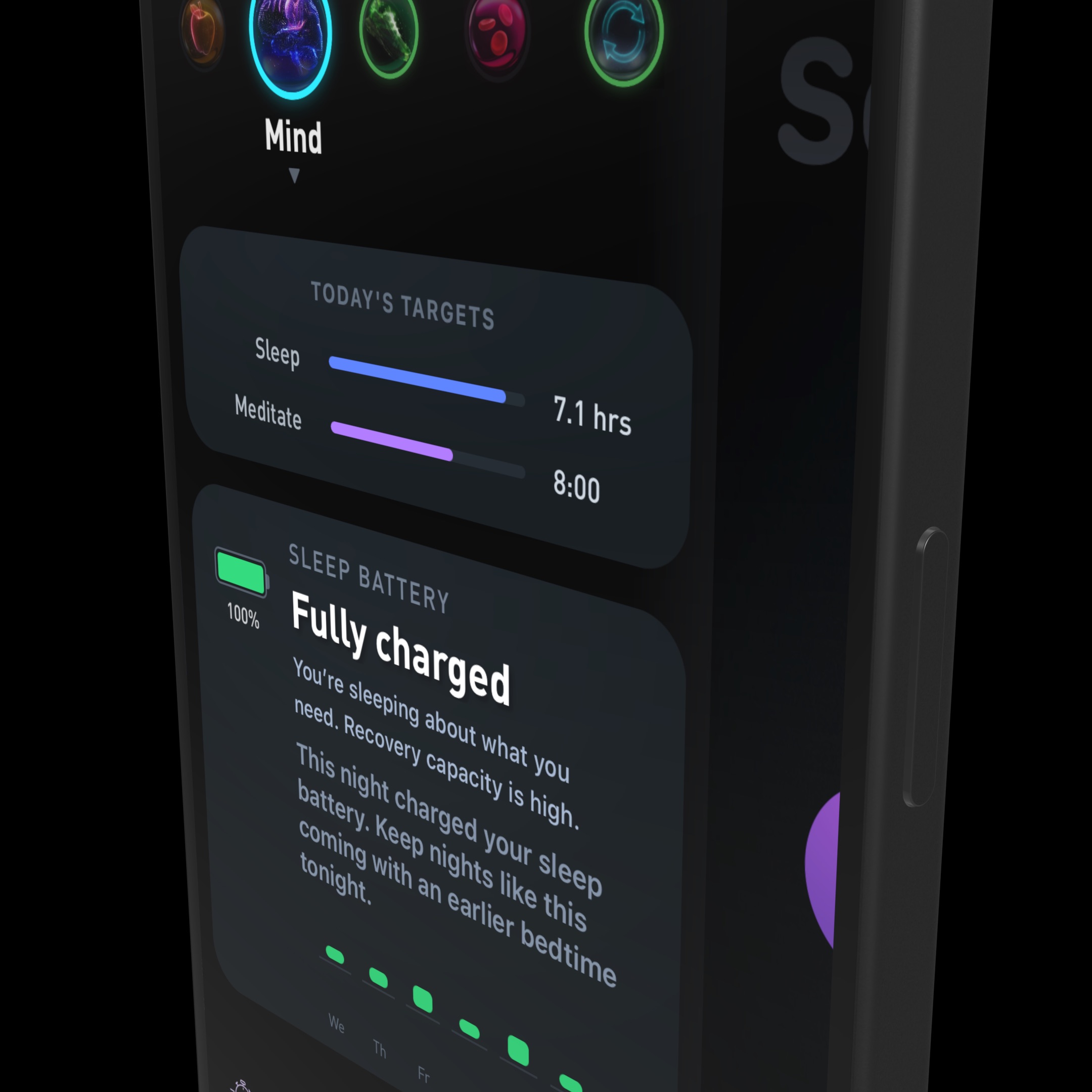 Mind section with sleep and meditation targets and a fully charged Sleep Battery