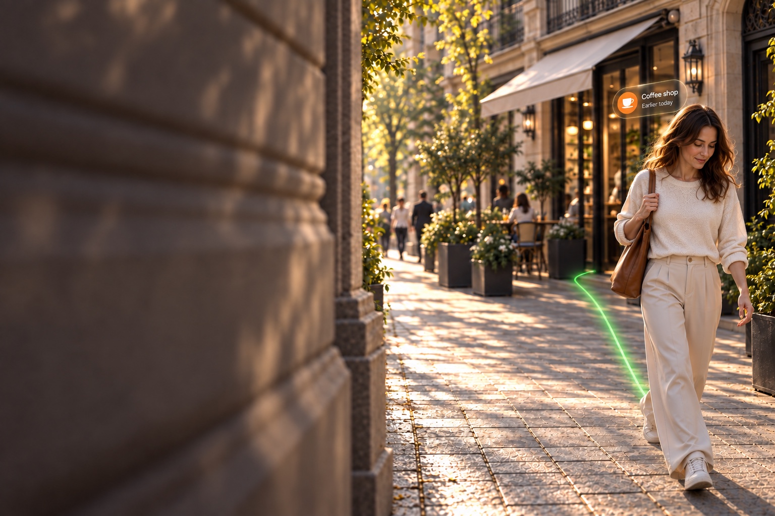 Walking down a sunny street with the day's route traced behind