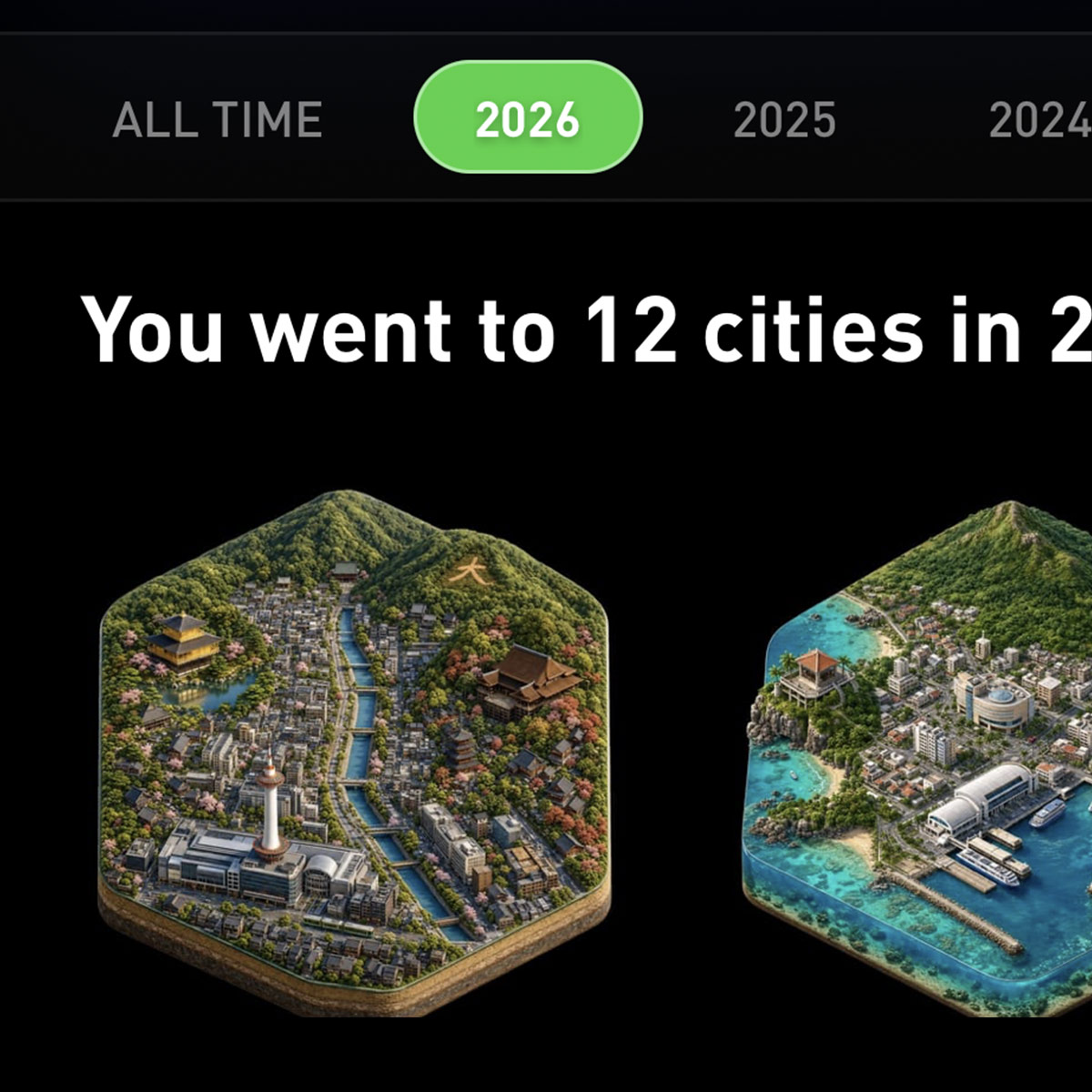 The passport year view with the 2026 tab selected, the line You went to 12 cities in 2026, and illustrated city tiles