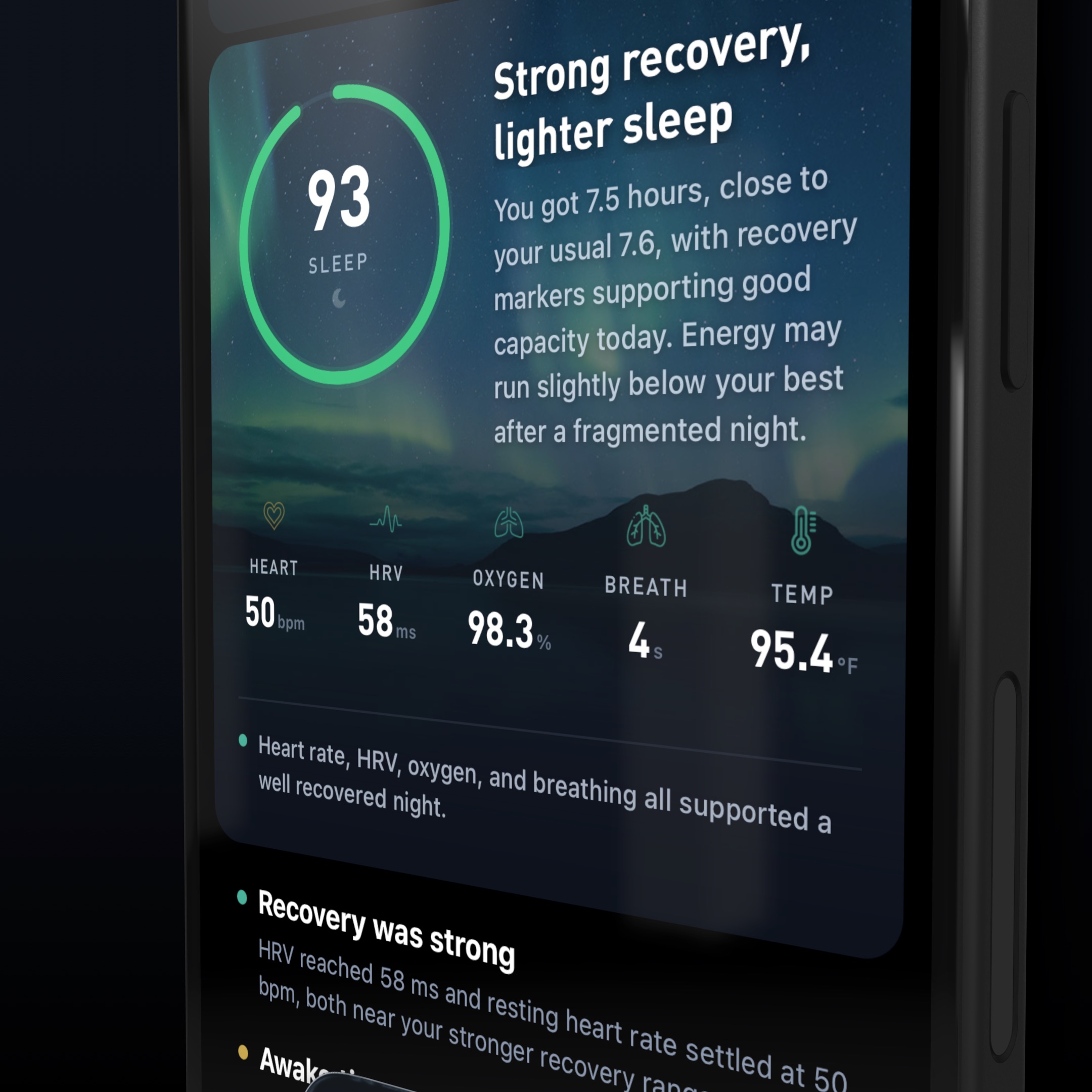 A 93 Sleep Score with heart rate, HRV, oxygen, breathing and temperature compared with your usual night