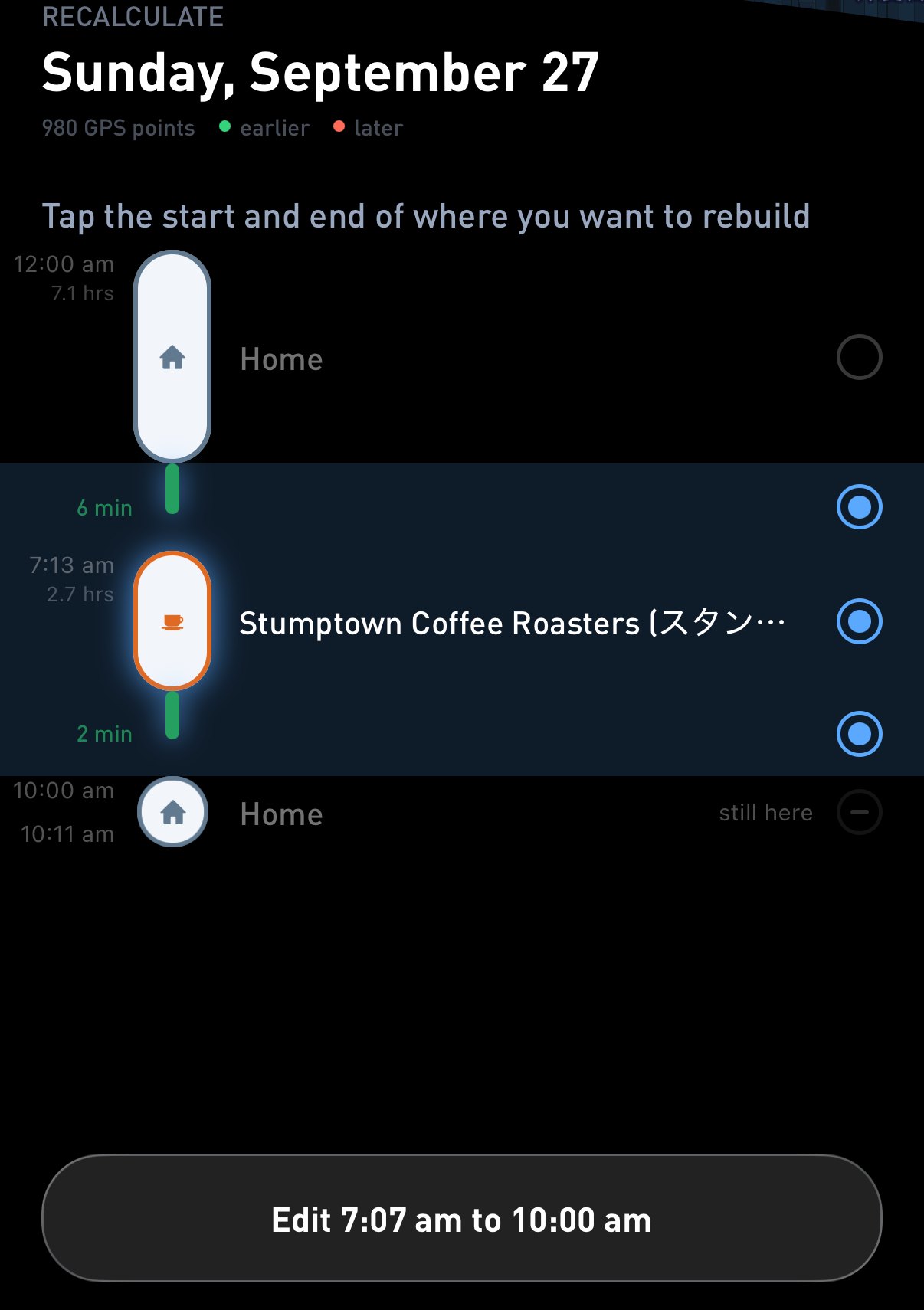 Step 1 of Recalculate for Sunday, September 27. Callout 1 circles the two picked rows, callout 2 circles the Edit 7:07 am to 10:00 am button.