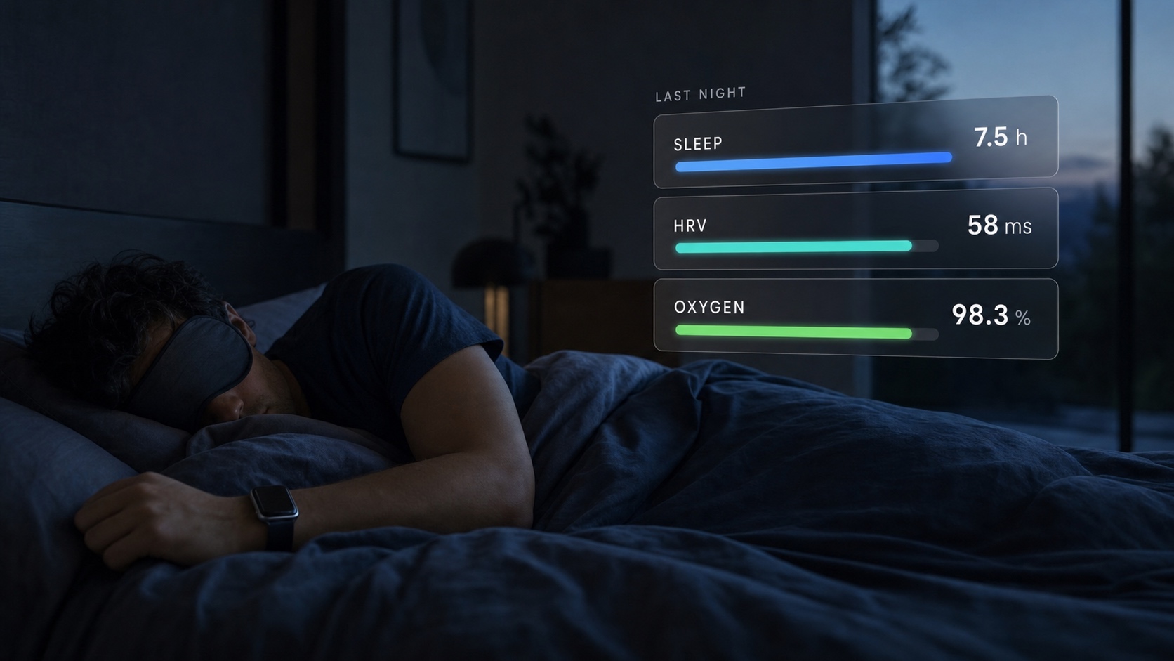 Asleep with a watch on, with last night's sleep, HRV and oxygen shown beside the bed