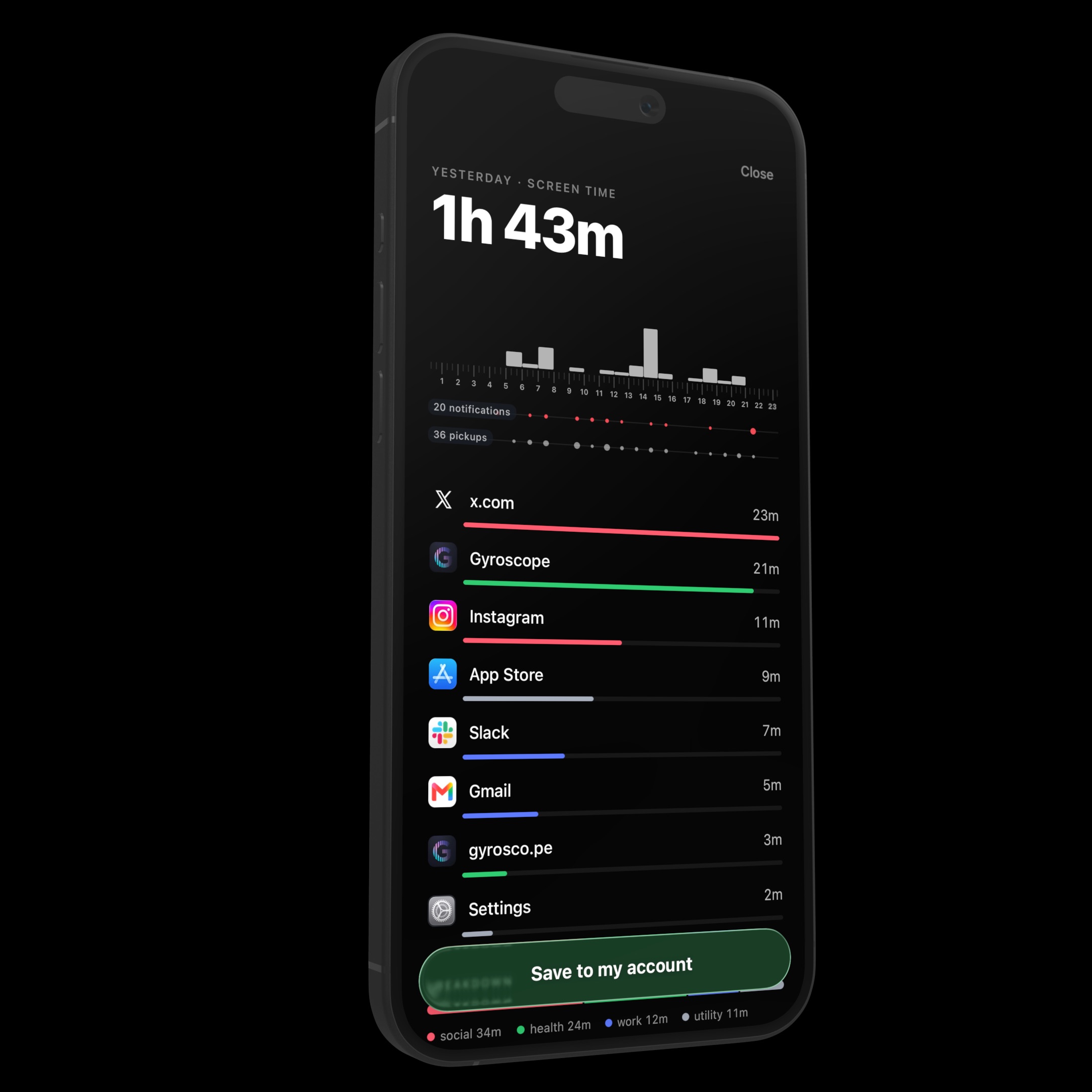 Phone Time: 1h 43m yesterday, with per-app bars