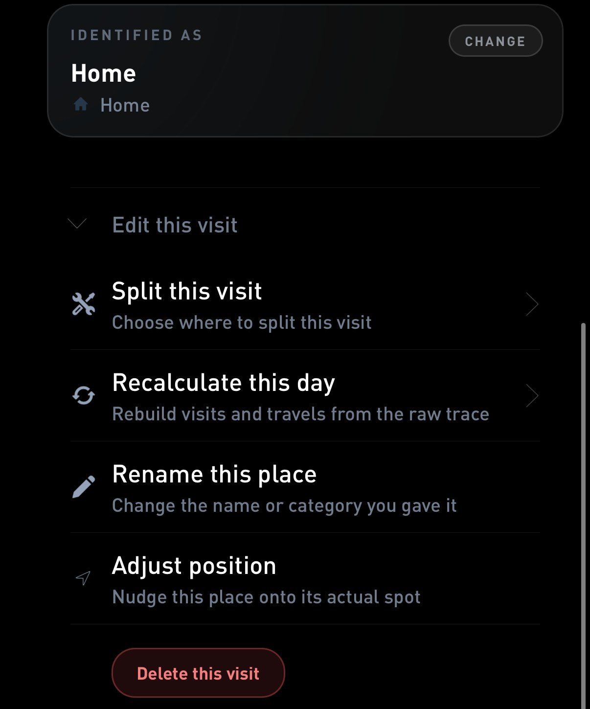 A visit identified as Home with Edit this visit open. Callout 1 circles Edit this visit, callout 2 circles Recalculate this day.