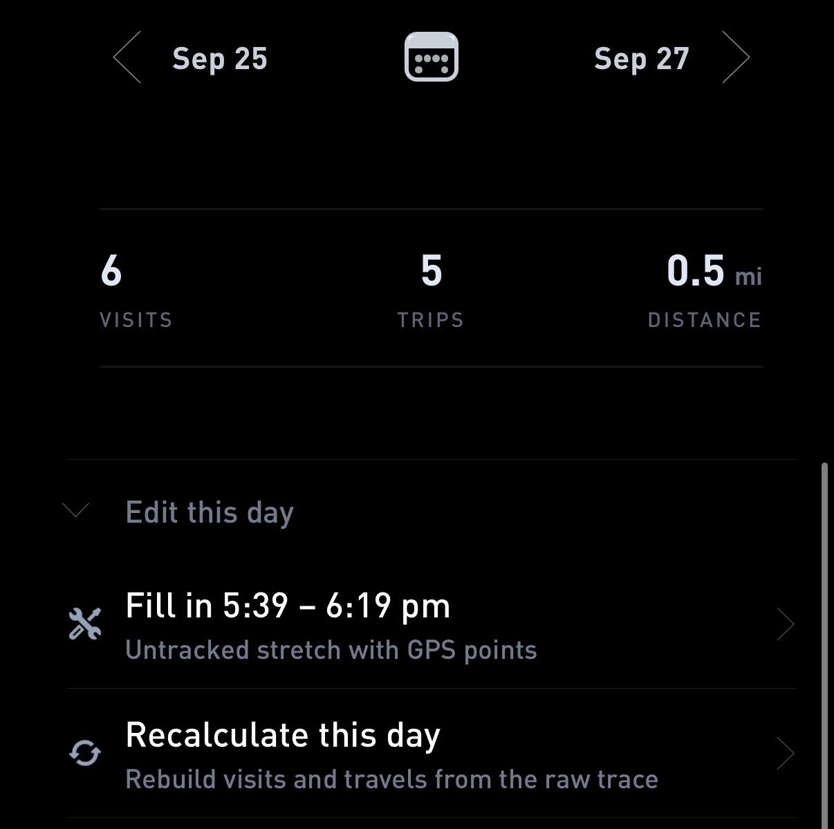 A day page with 6 visits, 5 trips and 0.5 miles. Callout 1 circles Edit this day, callout 2 circles Recalculate this day.