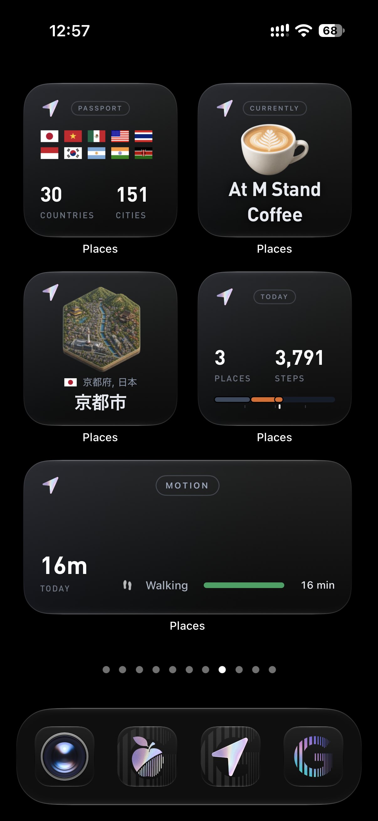 An iPhone Home Screen with a page of Places widgets: Passport, Current Place, City and Today, with Motion across the bottom.