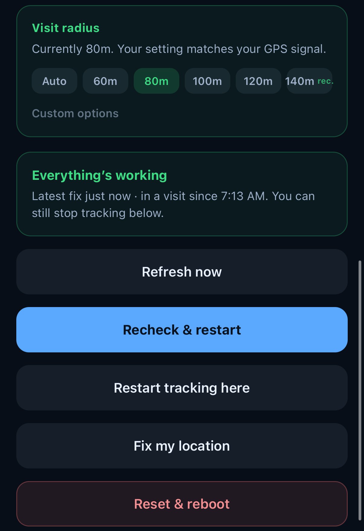 Lower on the Places tracking screen. Callout 1 circles the Visit radius card, 2 the Everything's working card, 3 Refresh now, 4 the repair buttons.