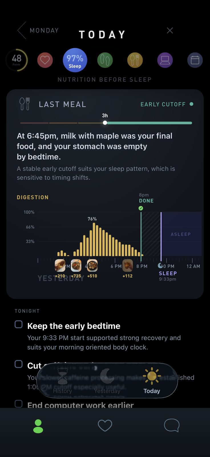Nutrition Before Sleep: last meal, digestion curve and bedtime on one timeline