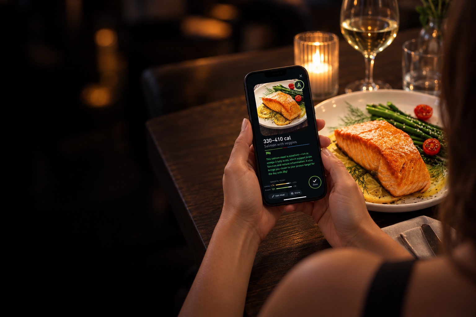 Photographing a plate of salmon at a restaurant table with the food analysis on screen