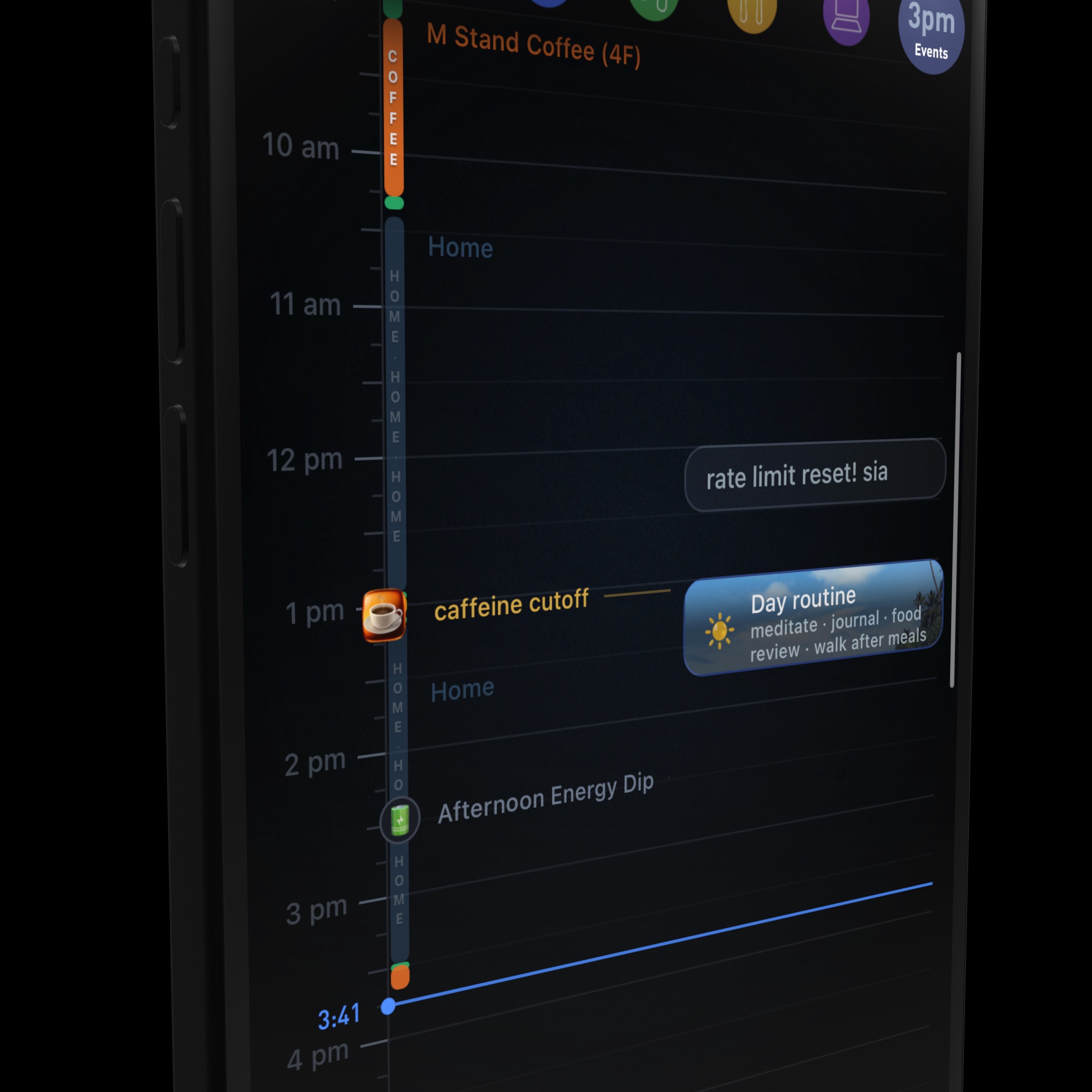 Day calendar with a coffee stop, caffeine cutoff, the day routine card and an afternoon energy dip