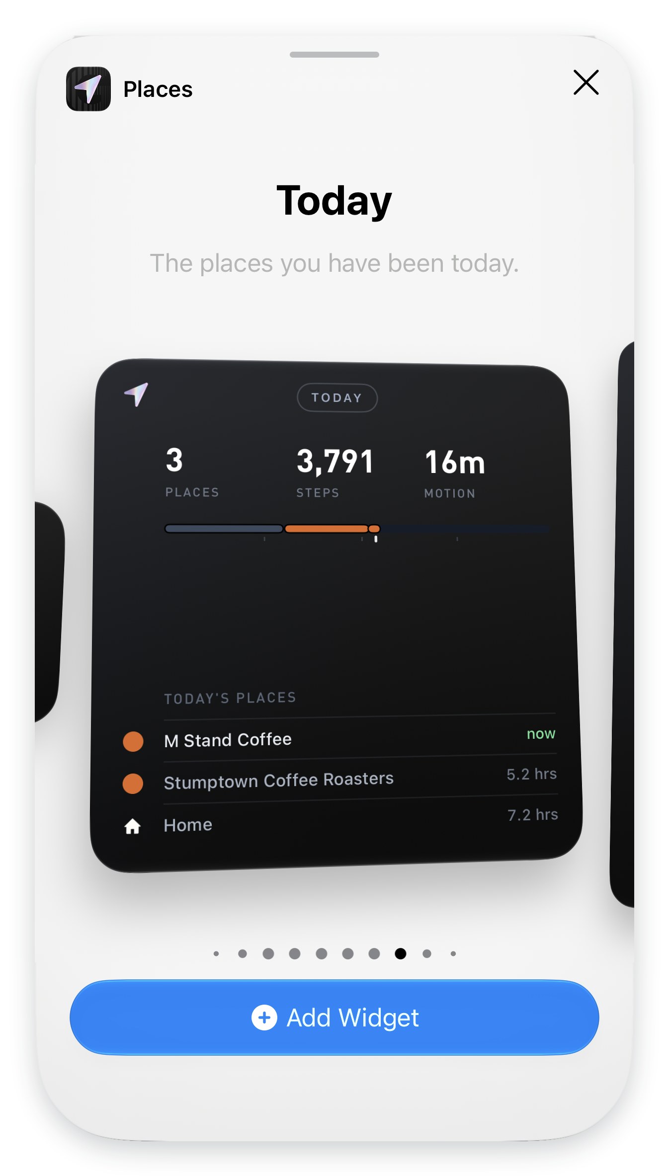 The Places widget gallery showing the Today widget in large. Callout 3 circles the page dots, callout 4 circles the Add Widget button.