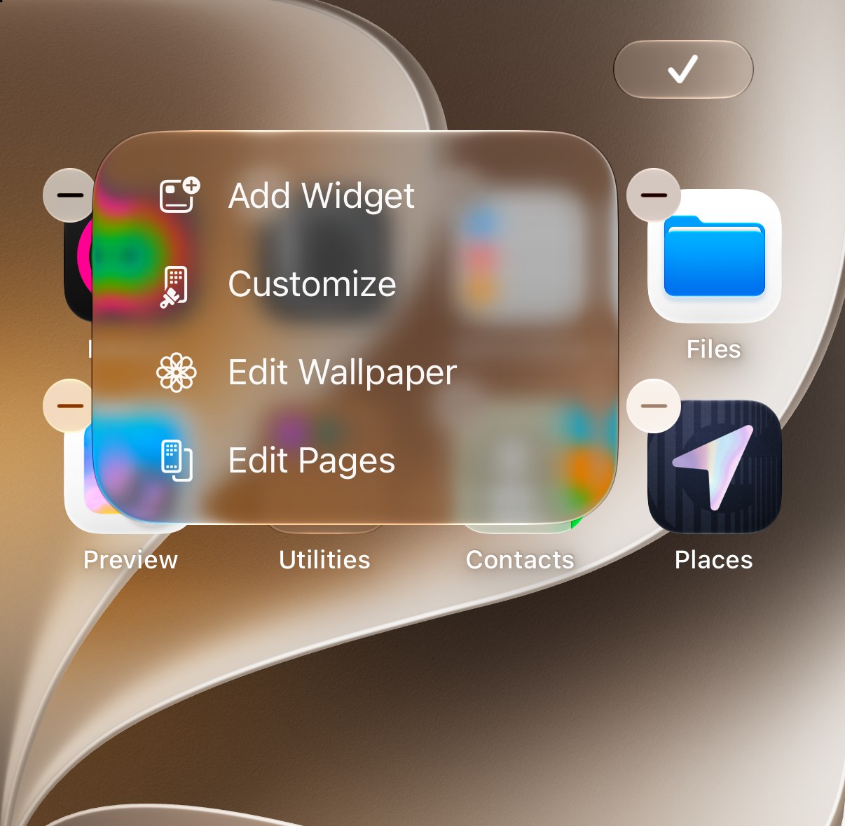 The Home Screen edit menu with Add Widget, Customize, Edit Wallpaper and Edit Pages. Callout 2 circles Add Widget.