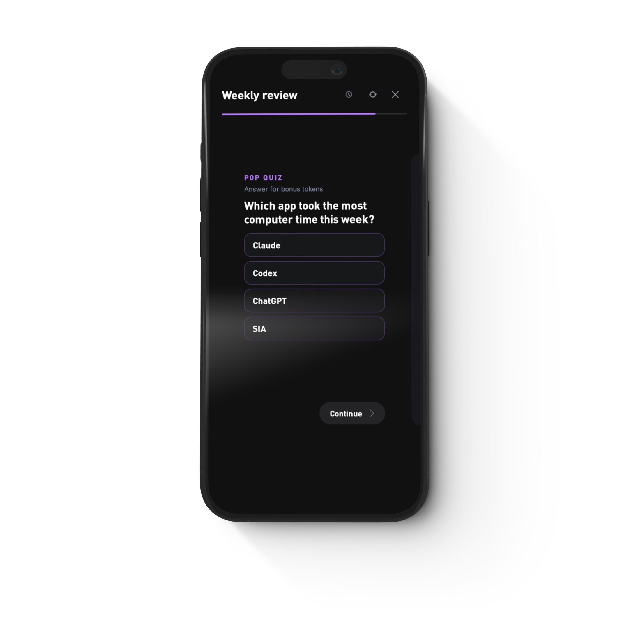 The Weekly Review pop quiz asking which app took the most computer time this week, with four answers to choose from