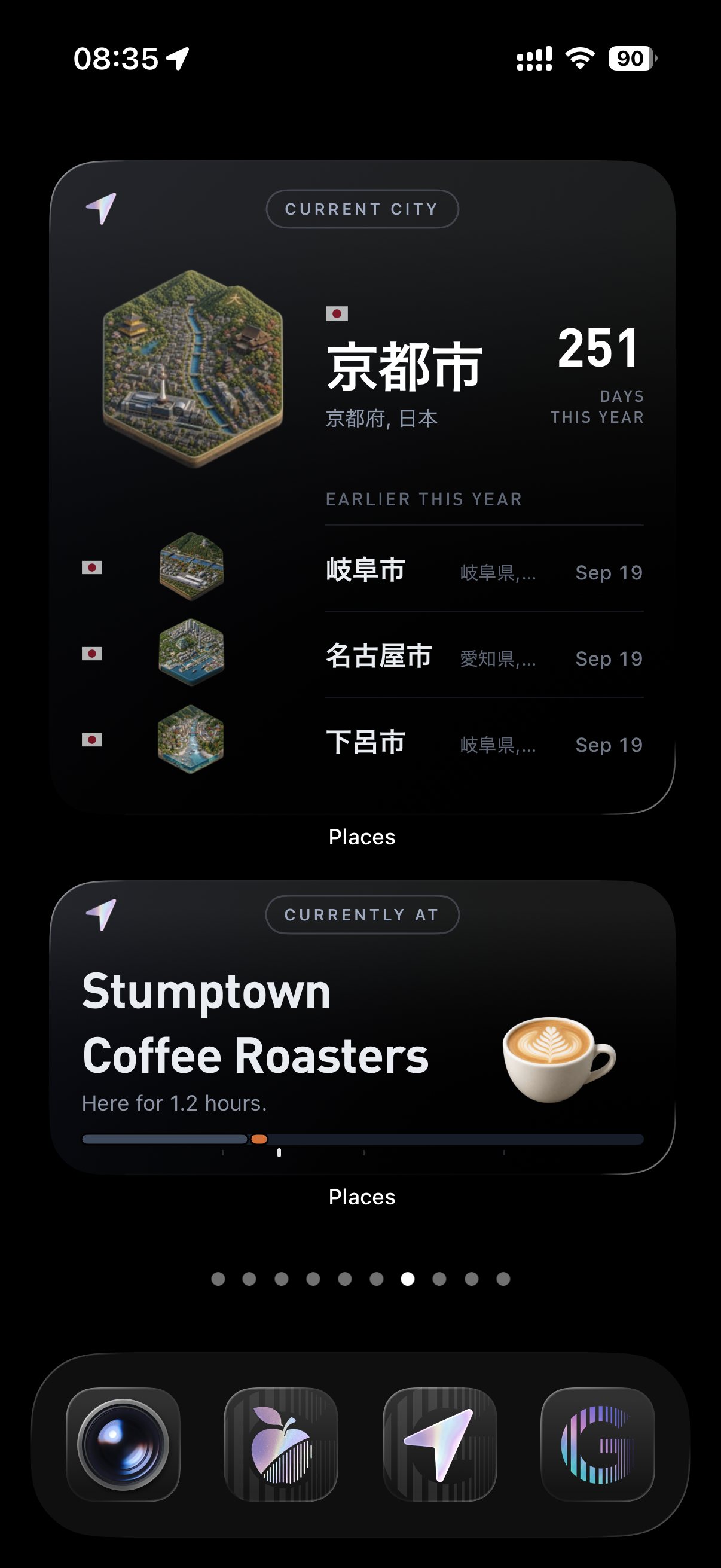 An iPhone Home Screen with two Places widgets: the City widget showing Kyoto with 251 days this year and three recent cities, and the Current Place widget showing Stumptown Coffee Roasters, here for 1.4 hours.