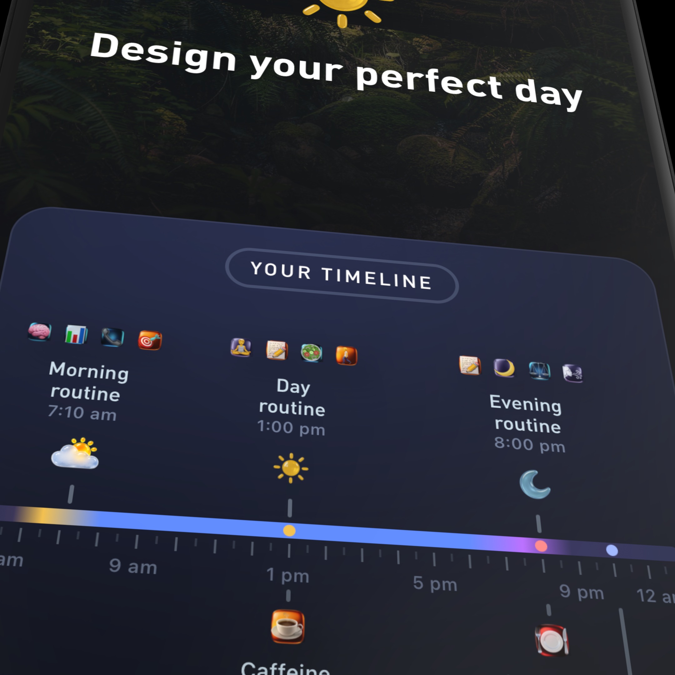 Routine timeline close-up: morning 7:10 am, day 1:00 pm, evening 8:00 pm