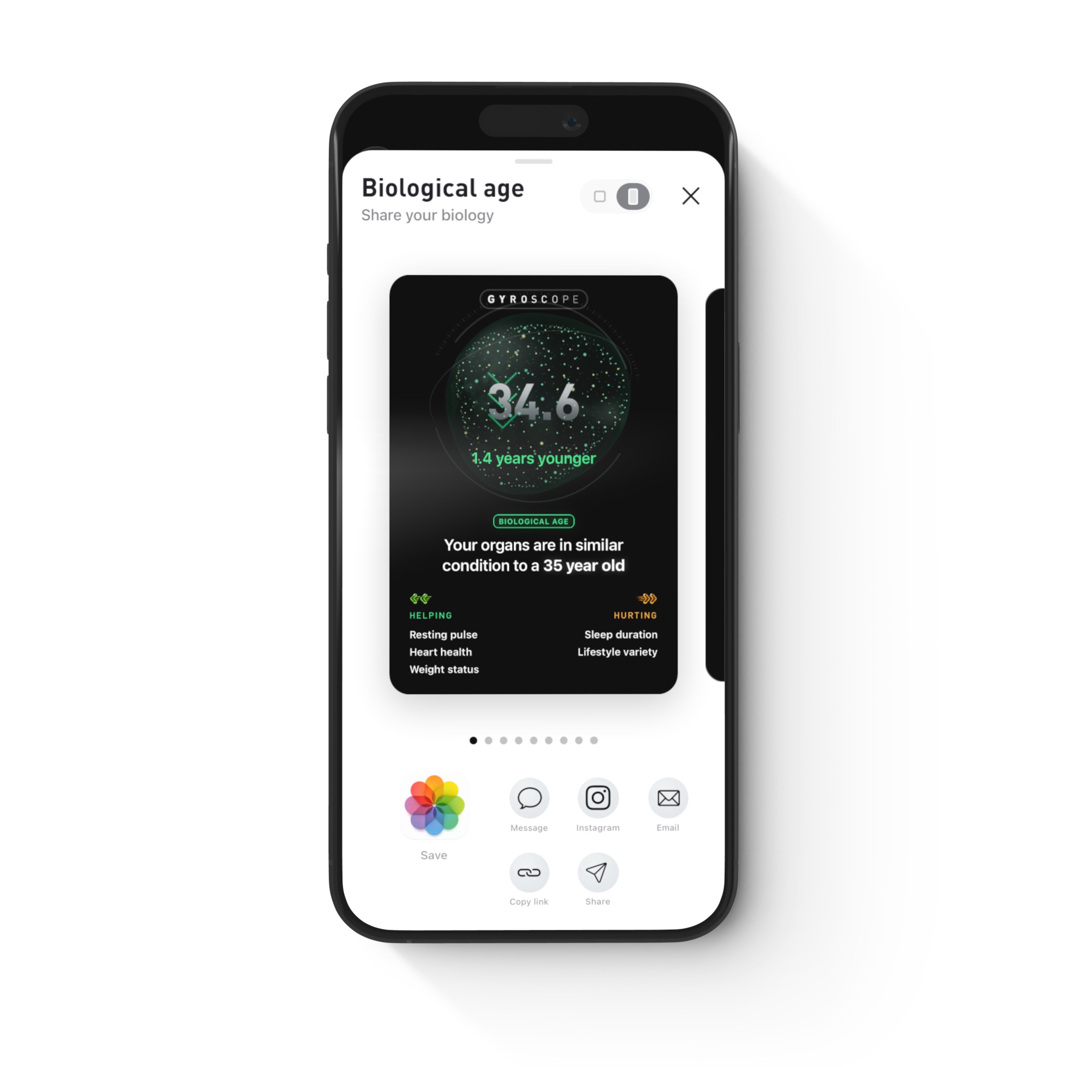 Share card: biological age 34.6, 1.4 years younger