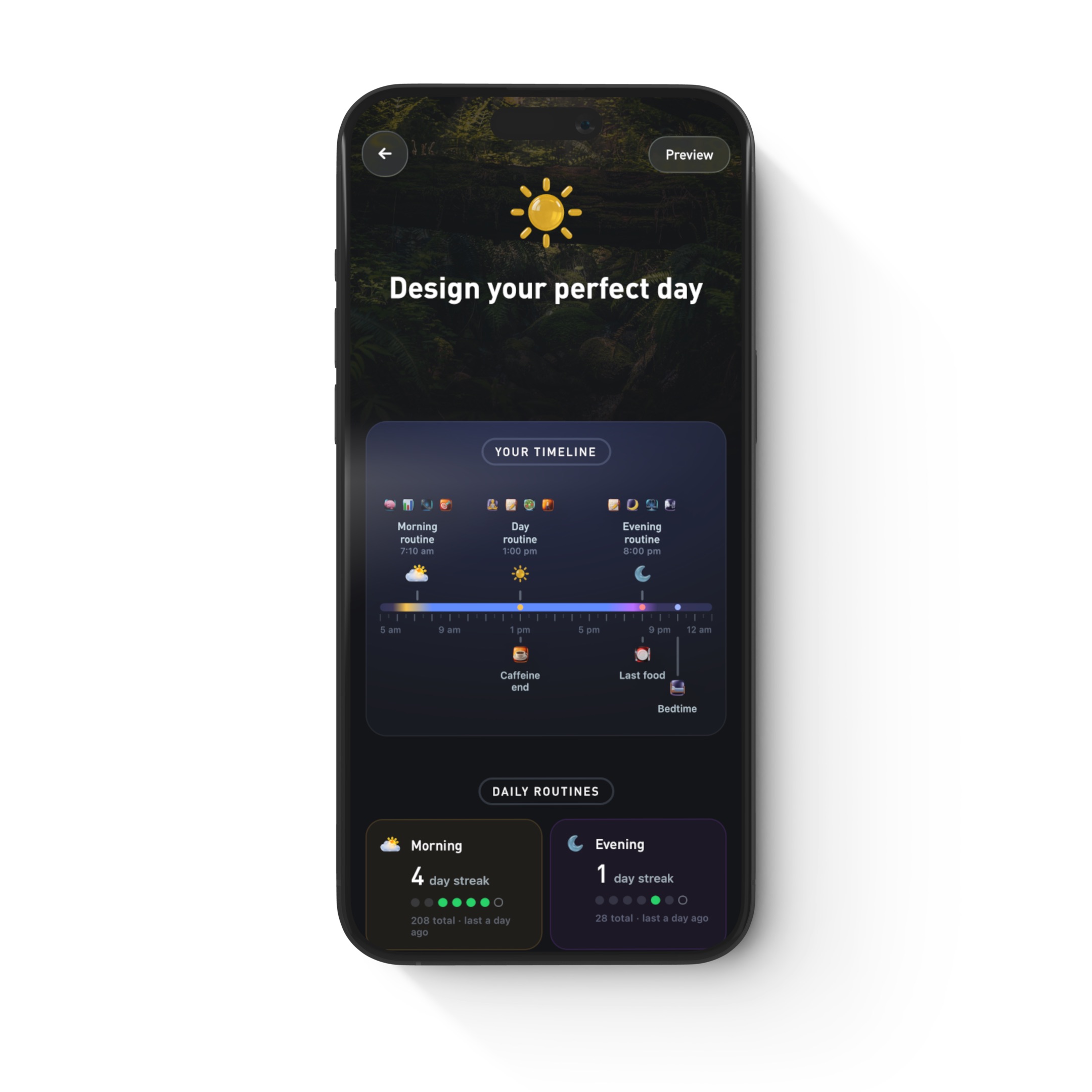 Design your perfect day: morning, day and evening routines on a timeline with streaks