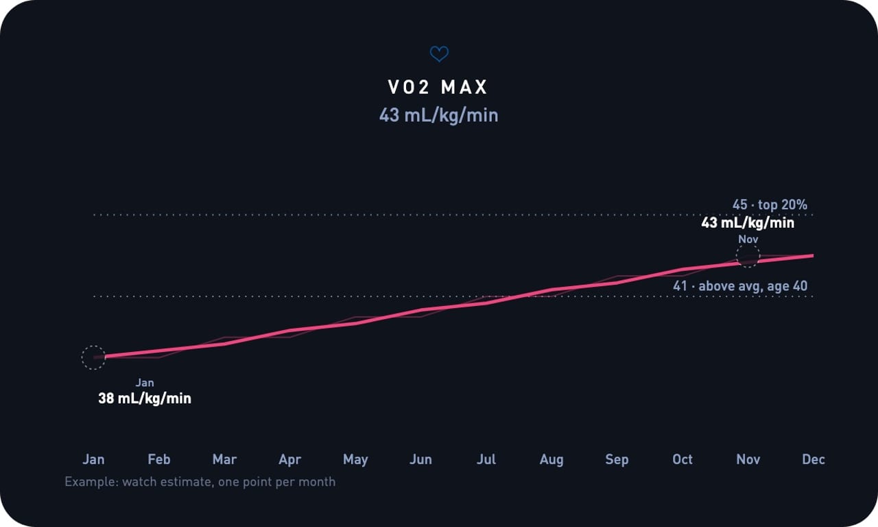 Twelve monthly VO2 max estimates stepping from 38 to 43 with age reference lines