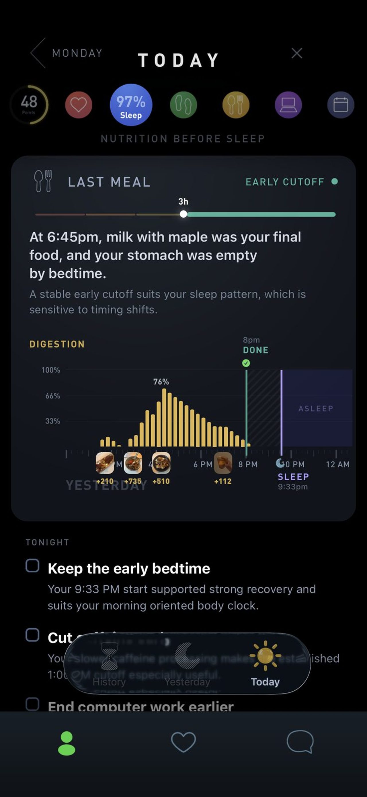 Gyroscope nutrition before sleep showing last meal finished three hours before bedtime
