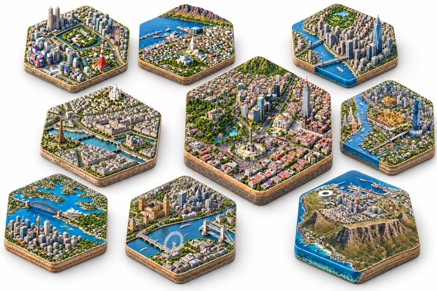 Places city tiles, with Mexico City in the middle and Tokyo, Paris, New York, Reykjavík, Bangkok, Cape Town, Sydney and London around it