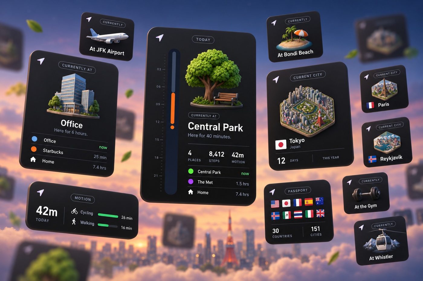 Places widgets drifting across a dusk sky: Central Park, Office, JFK Airport, Bondi Beach, Tokyo, Paris, Reykjavík, the Gym and Whistler
