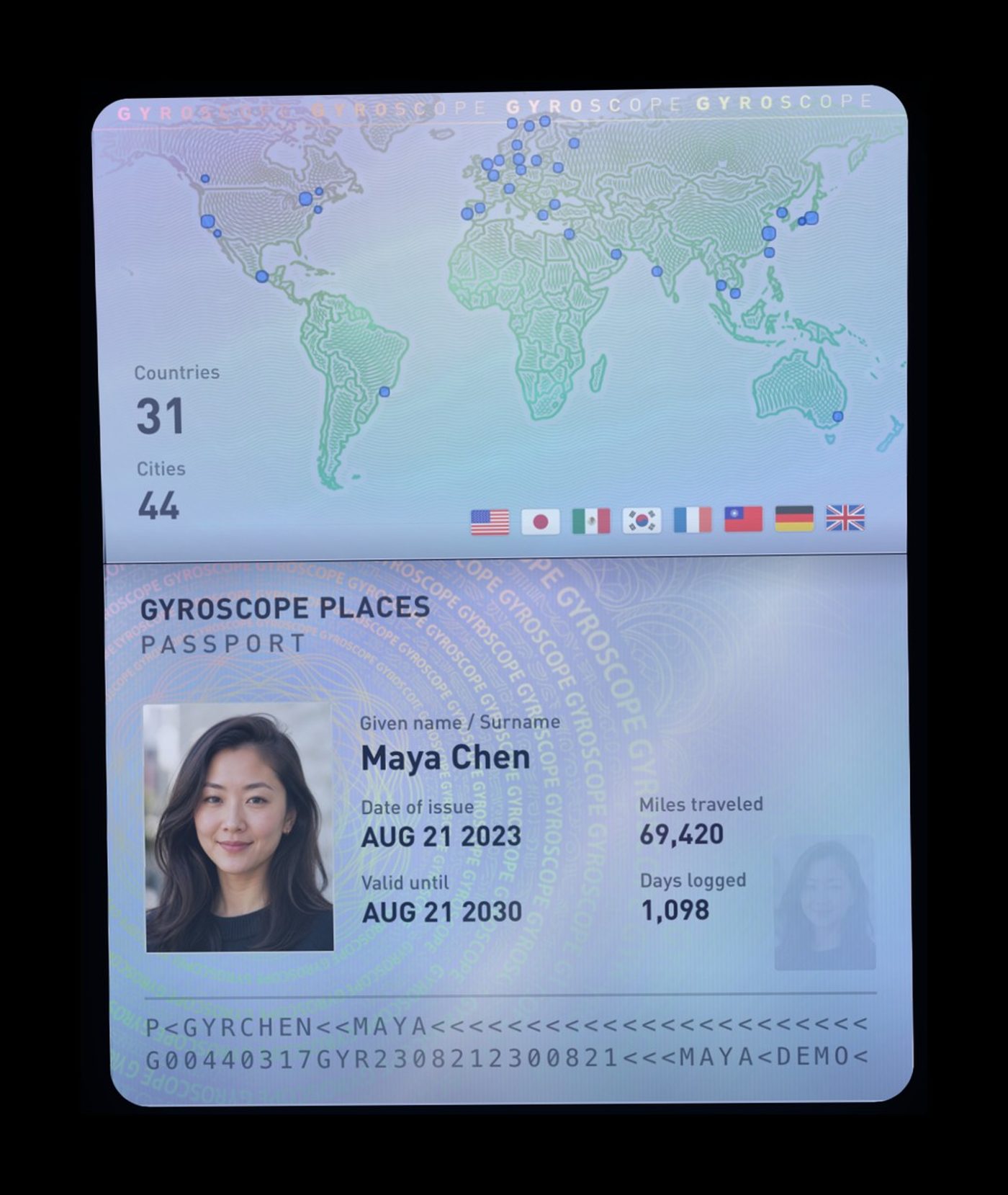 The Gyroscope passport: a world map with stamped countries and cities, and the identity page with a photo, miles traveled and days logged