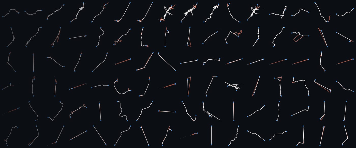 Dozens of train and subway rides, each drawn before in orange and after in white