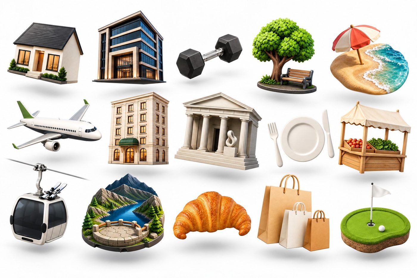Place category icons, from home, office and gym to park, beach, airport and museum