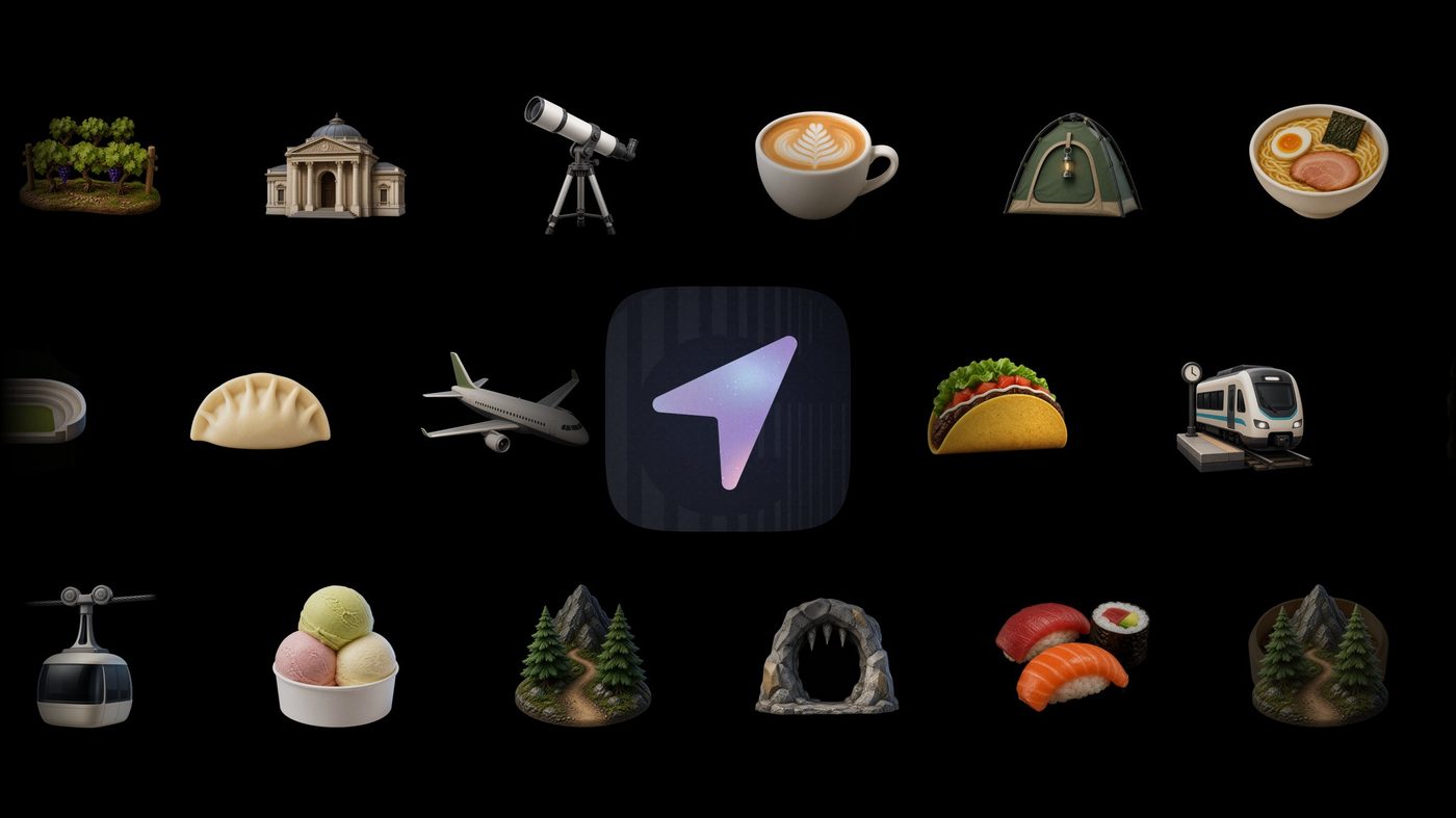 The Places app icon in the middle of a grid of 3D place icons: a vineyard, a museum, a telescope, coffee, a tent, ramen, an airplane, a taco and a train