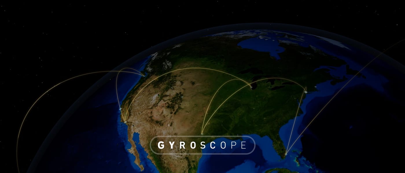 The globe over North America with travel arcs between cities and the Gyroscope logo