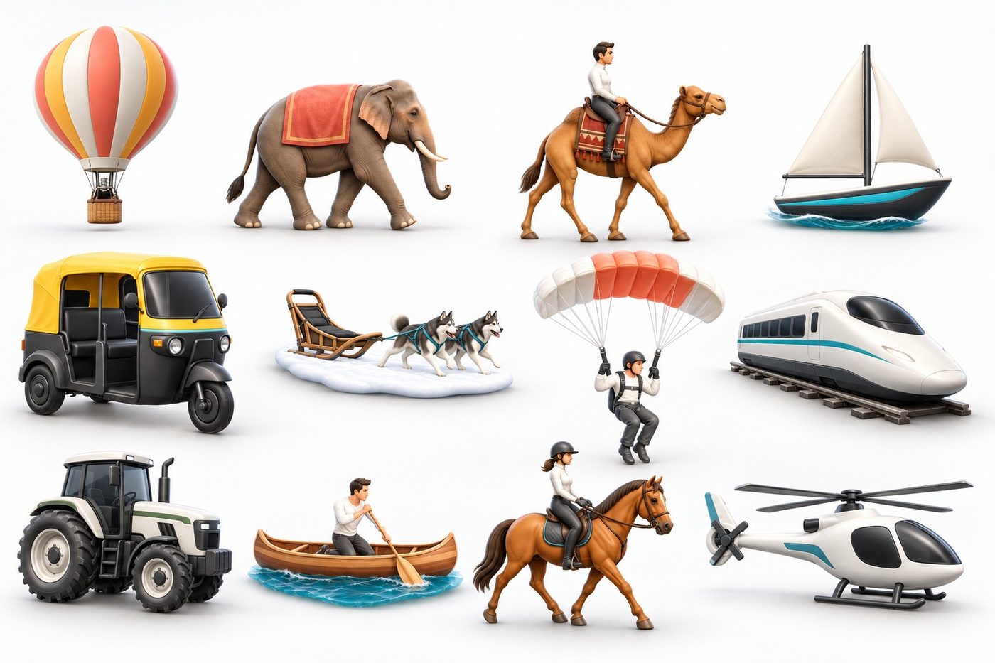 Some of the new travel types: hot air balloon, elephant, camel, sailboat, tuk-tuk, dog sled, skydiving, bullet train, tractor, canoe, horse and helicopter