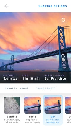 Running by Gyroscope sharing options with a photo of the Bay Bridge and layouts to pick from