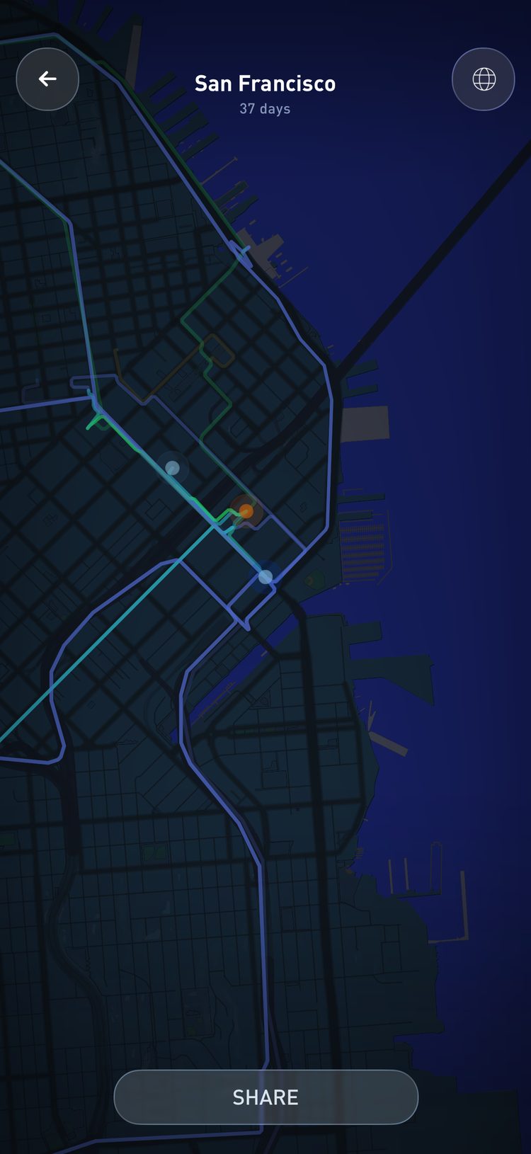 A map of San Francisco with 37 days of walking and driving routes drawn between places