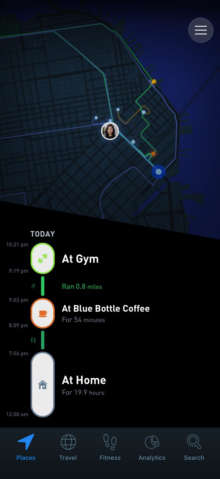A day on the Places timeline with a 0.8 mile run between a coffee shop and the gym