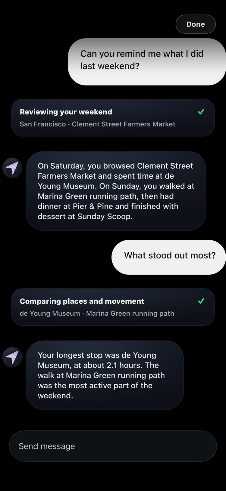 The Places coach answering a question about last weekend with the farmers market, museum and running path visited