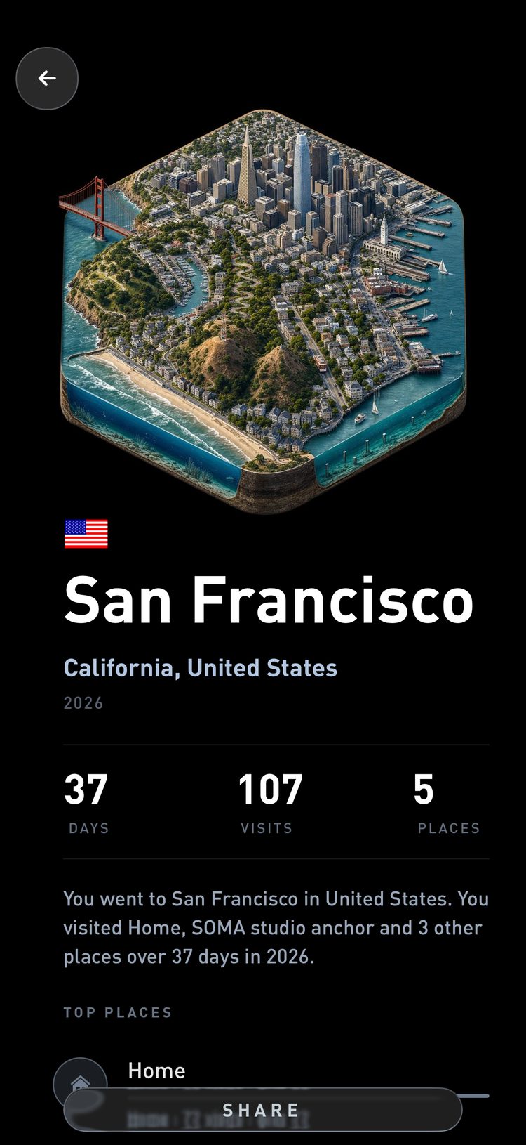 The San Francisco city page. Callout 1 circles the Share button at the bottom of the screen.