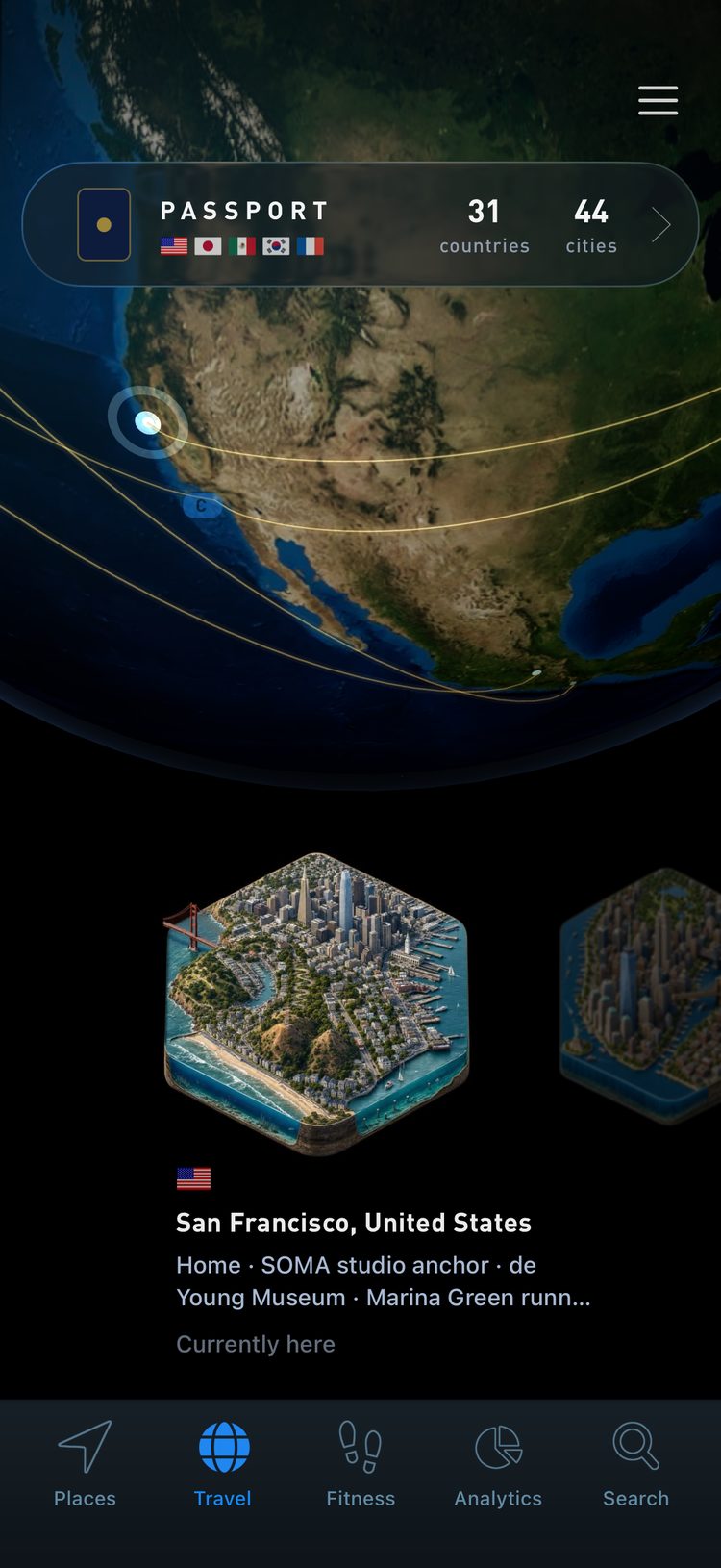 The Travel tab with a 3D globe, a passport count of 31 countries and 44 cities, and city tiles