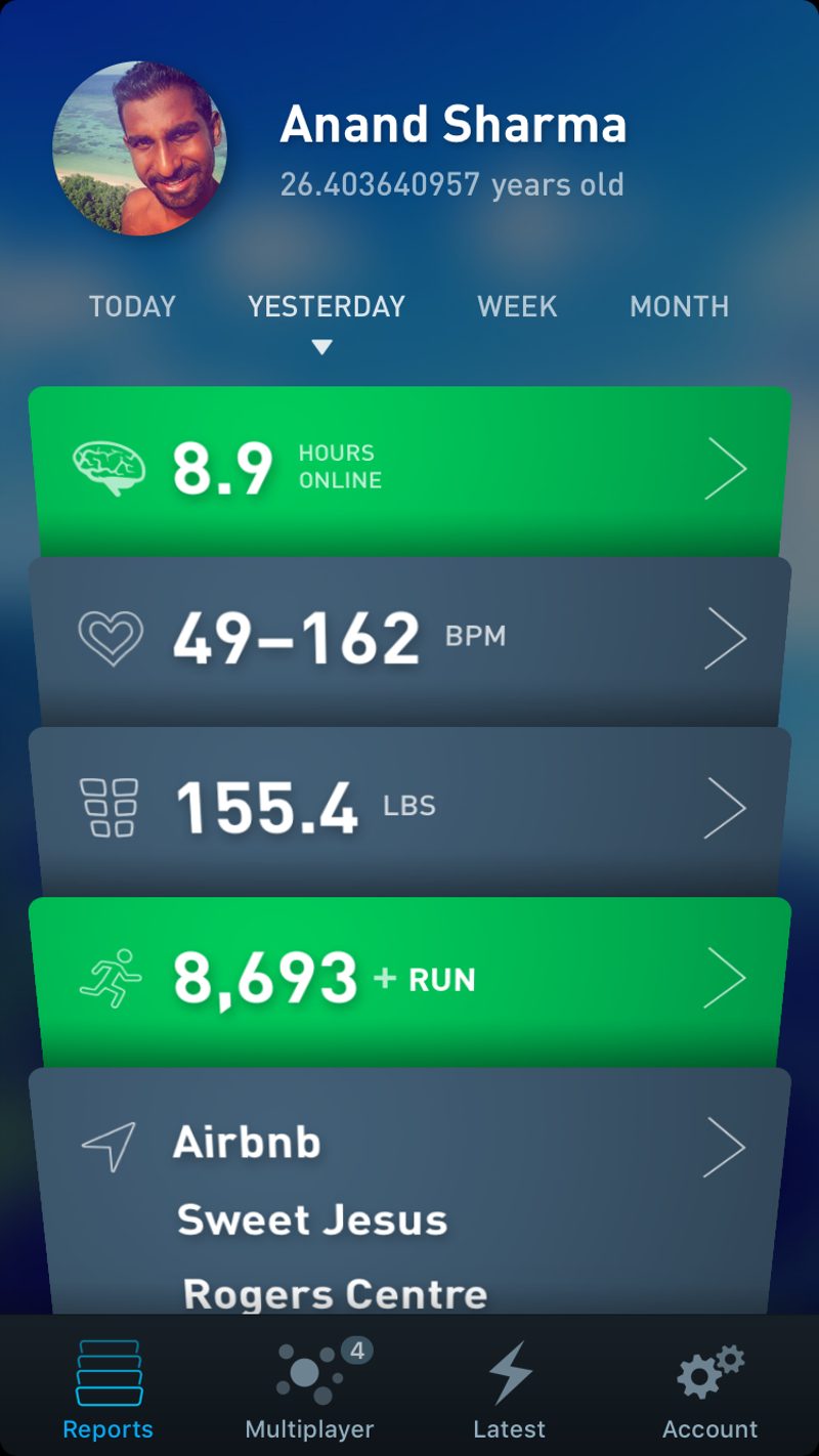 Gyroscope V1.7 Reports tab in cards view, with the Reports, Multiplayer, Latest and Account tabs