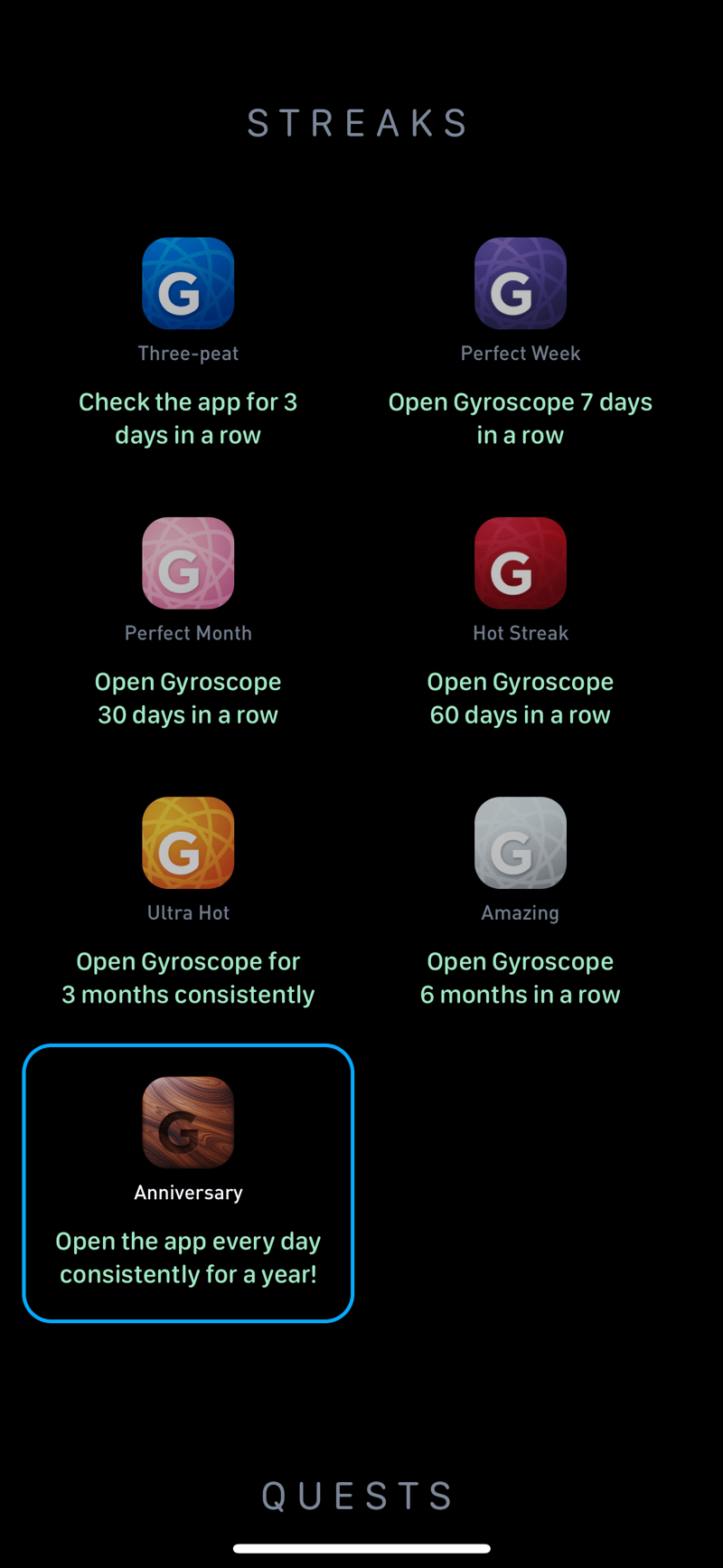 Gyroscope V6, coaching: Streaks